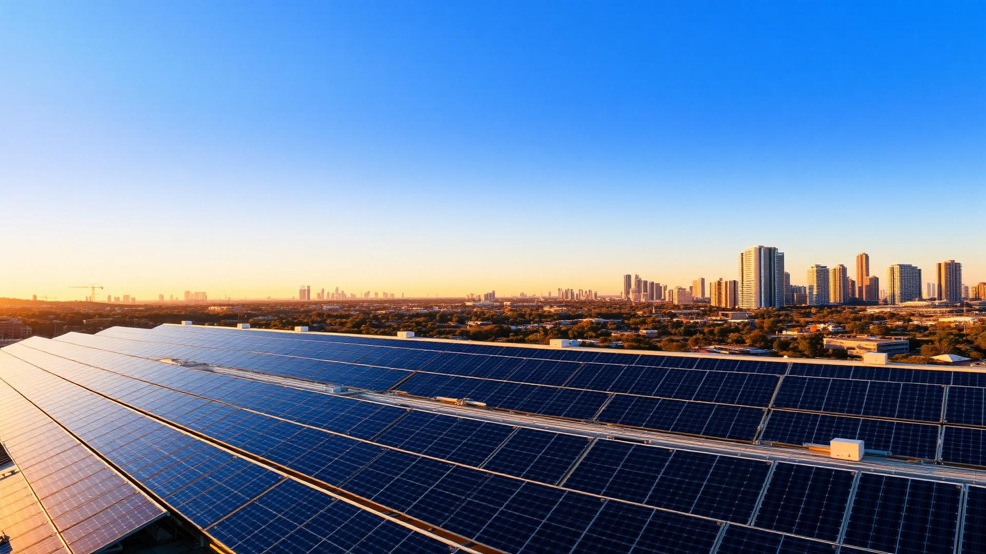 Instalación de placas solares sobre un edificio con la ciudad al fondo
